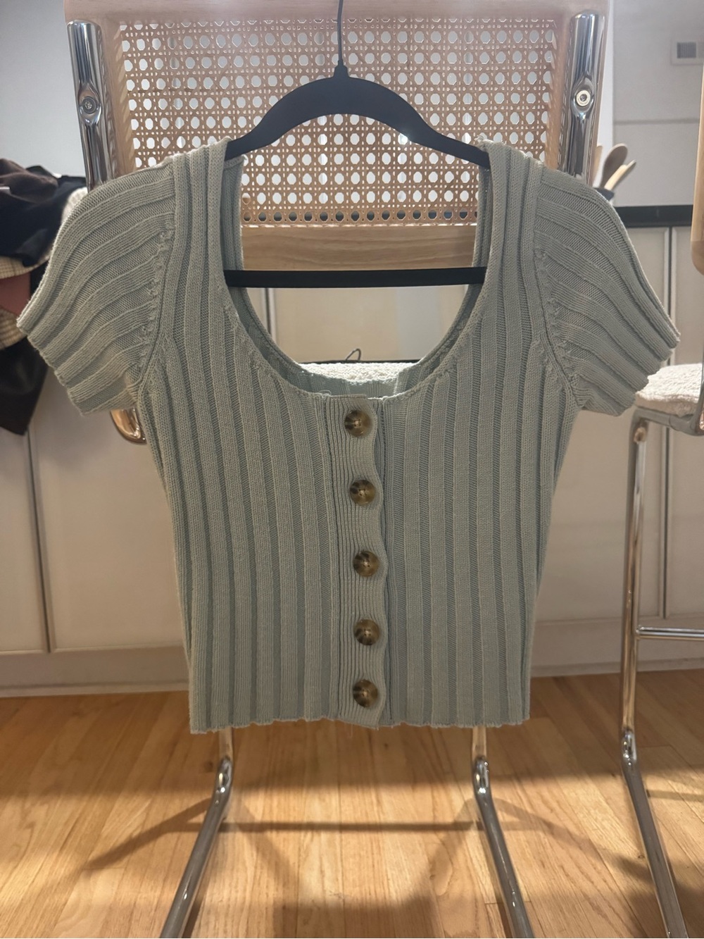 Scoop Neck Ribbed Button Crop Top - Sage Green